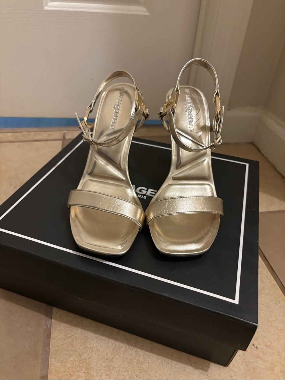 Karl Lagerfeld Gold Metallic Block Heel Slingbacks